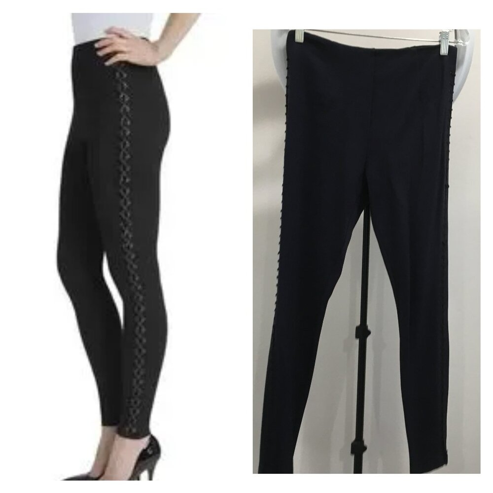LYSSE Dark Blue Black Leather Lace SEDONA Slimming Shaping Pull On Leggings Pant